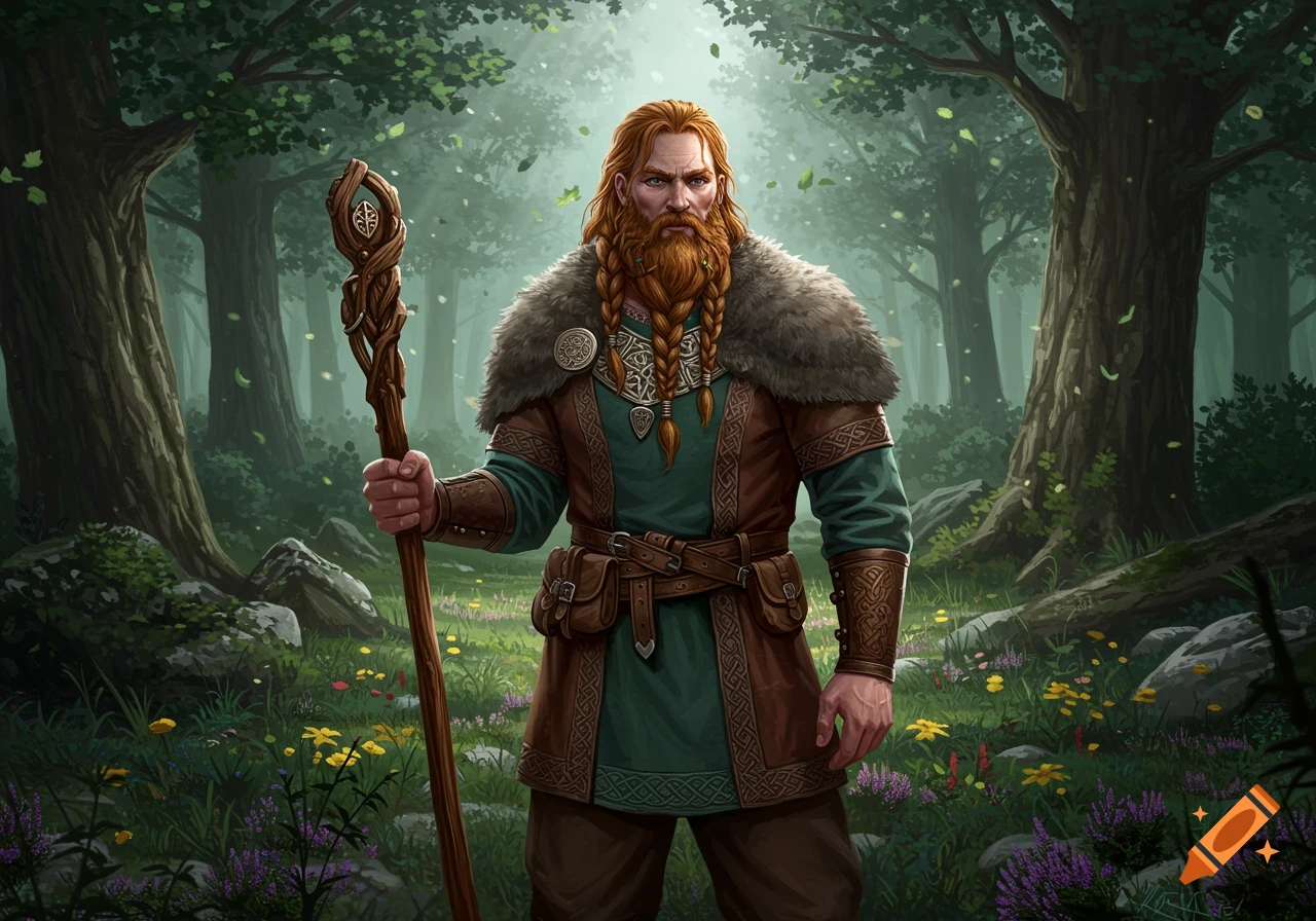 A red-haired man with a braided beard and fur-lined cloak holds a carved staff in an enchanted forest.