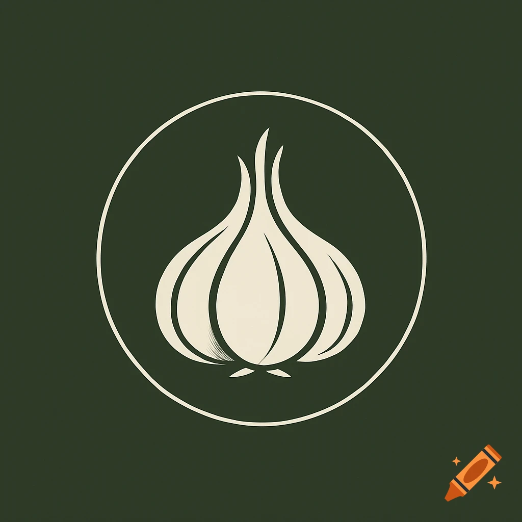 A stylized white garlic bulb inside a white circle on a dark green background.