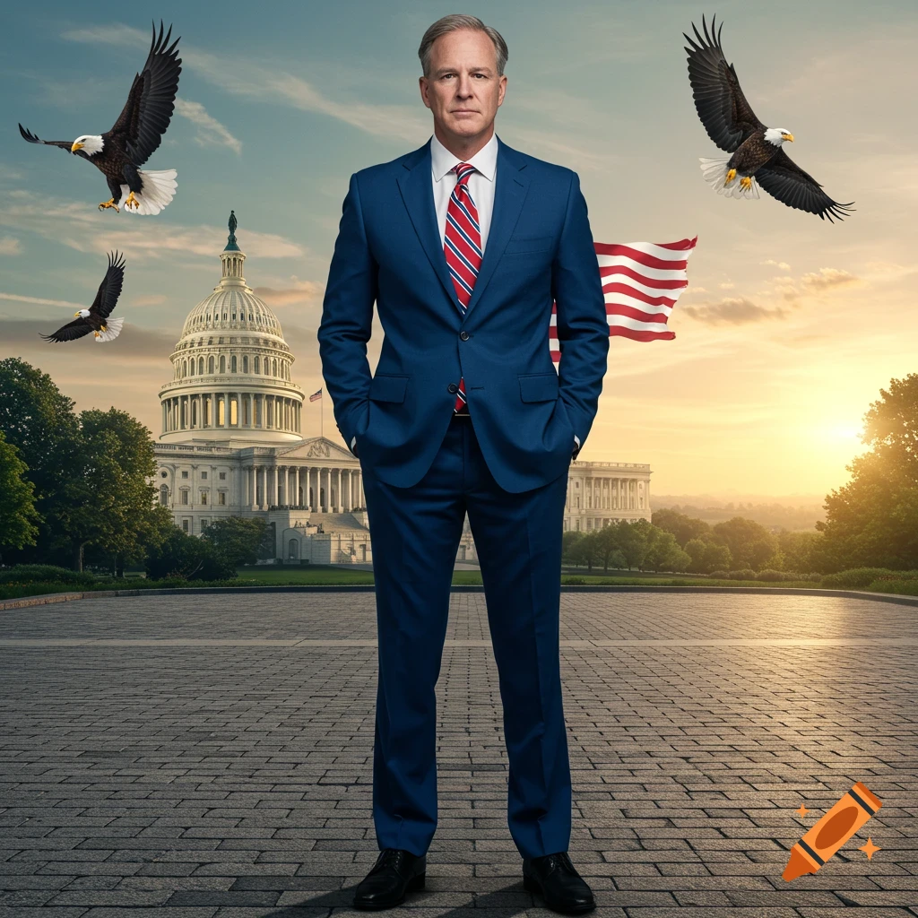 A man in a blue suit stands in front of the US Capitol building with American flags and eagles.