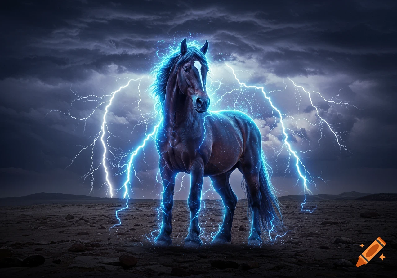 A dark horse stands on a barren landscape surrounded by intense blue lightning strikes under a stormy sky.