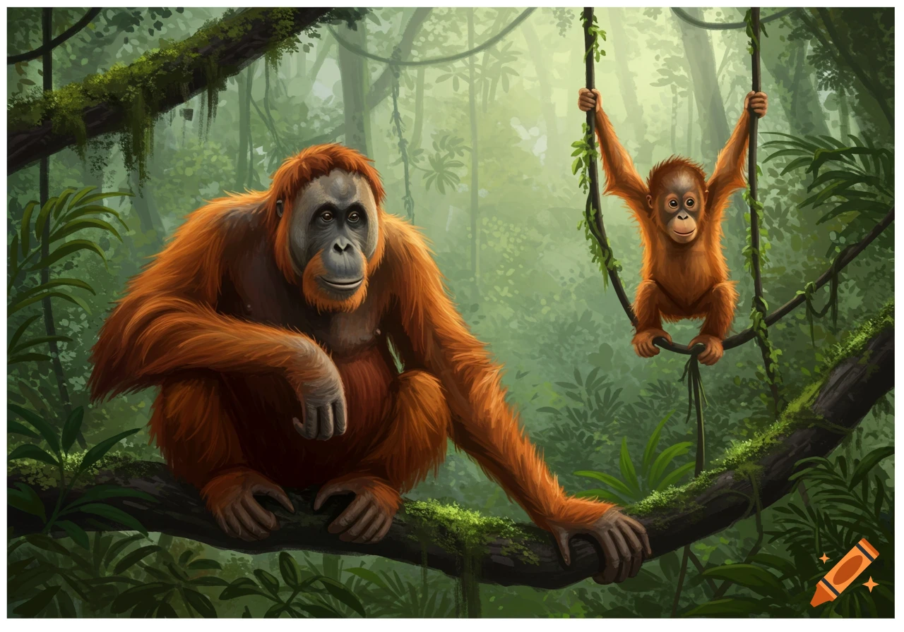 An adult orangutan sits on a tree branch while a baby orangutan swings on vines in a lush green jungle illustration.