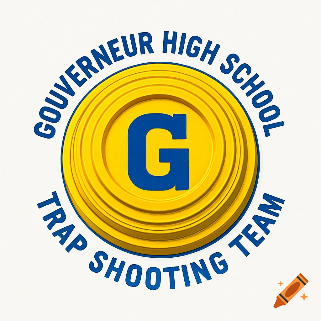 A yellow trap shooting clay target logo with a large blue 'G' in the center and blue text around it saying 'Gouverneur High School Trap Shooting Team'.