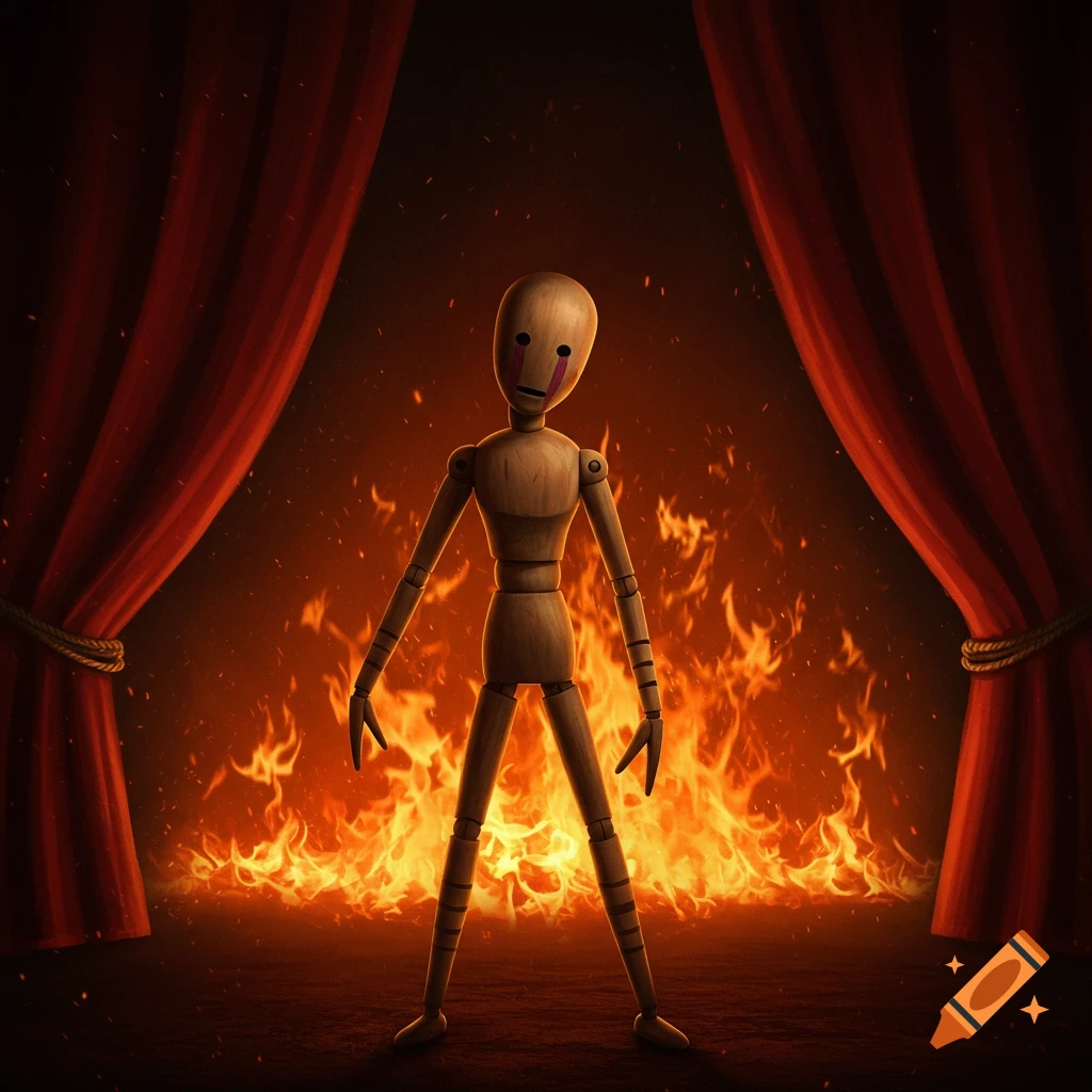 A wooden marionette doll with purple markings stands centered and backlit against a raging fire with red stage curtains on either side.