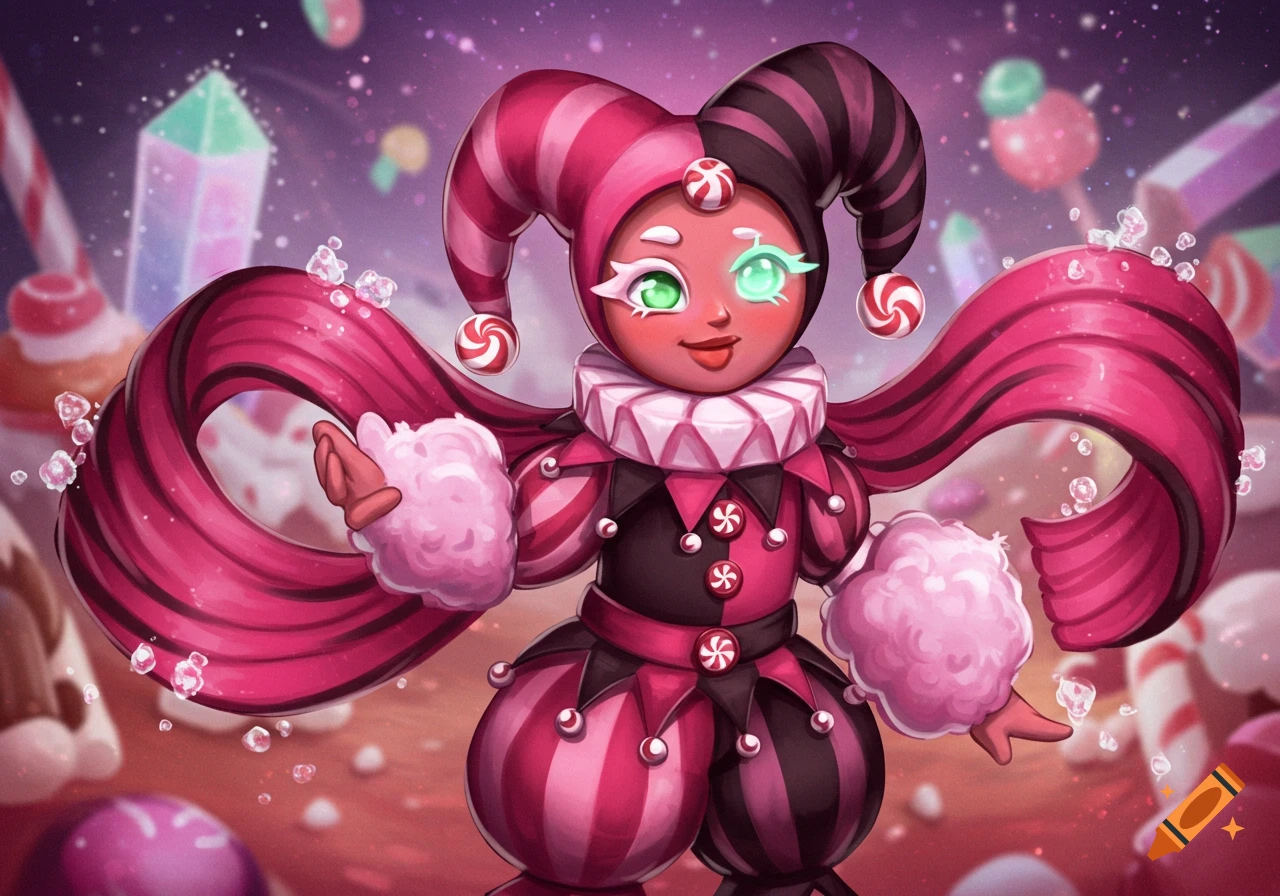 A whimsical cartoon character, Bonbon Trickster Cookie, in a pink and black candy-themed jester outfit with cotton candy cuffs and a hat, against a sweet wonderland background.