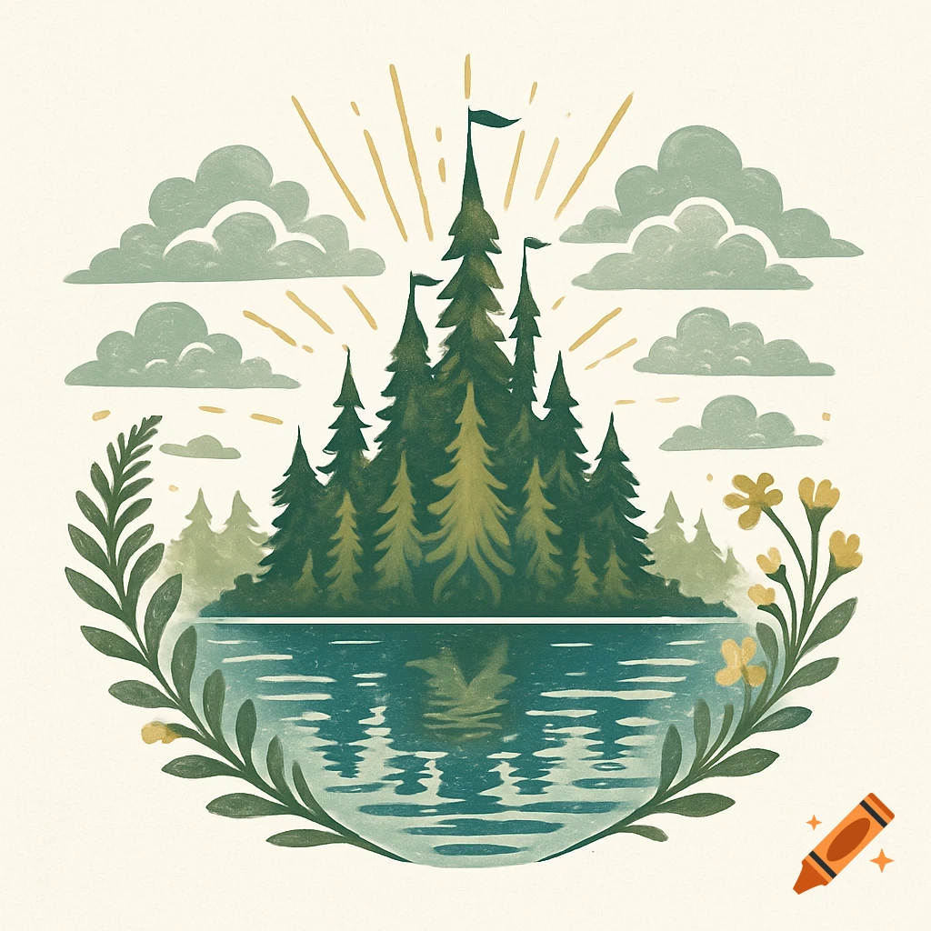 A stylized illustration of dark green pine trees on an island, reflected in a blue lake. Yellow sun rays emanate from behind the trees, surrounded by green clouds, and framed by leafy branches and yellow flowers.