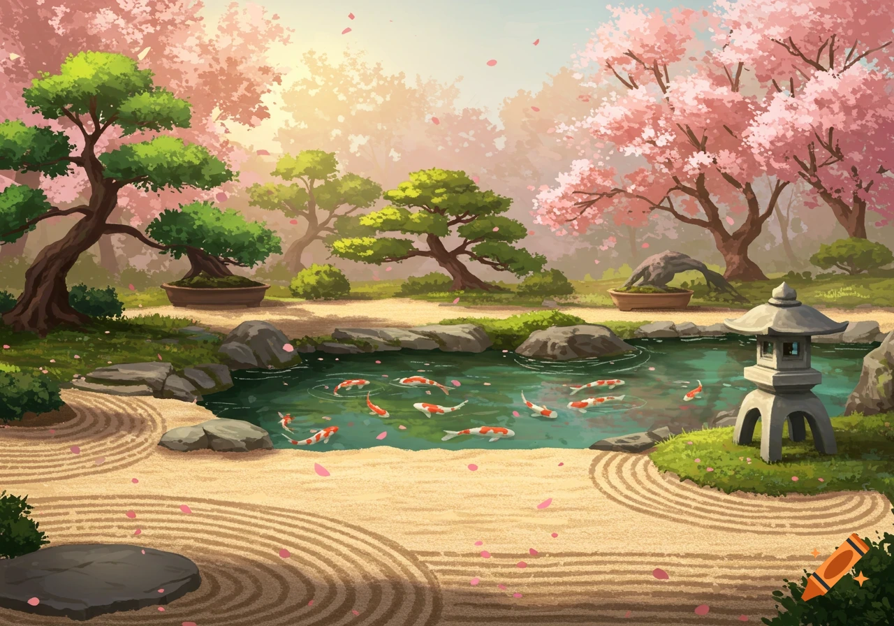 A serene Japanese garden with bonsai trees, a koi pond, raked sand, and pink cherry blossoms under a soft sky.