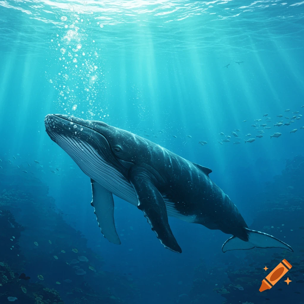A large humpback whale swims underwater, blowing bubbles as sunlight streams from the surface above schools of fish.