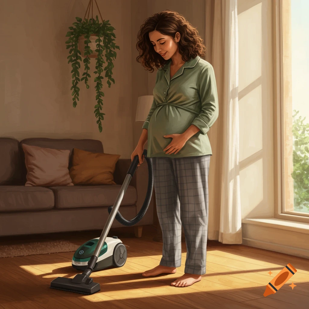 A pregnant woman in pajamas vacuuming a sunlit living room floor, holding her baby bump.