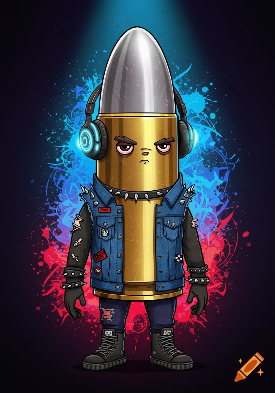 A cartoon bullet character wearing headphones, a denim vest with punk patches, and spiked accessories, against a blue and red splash background.