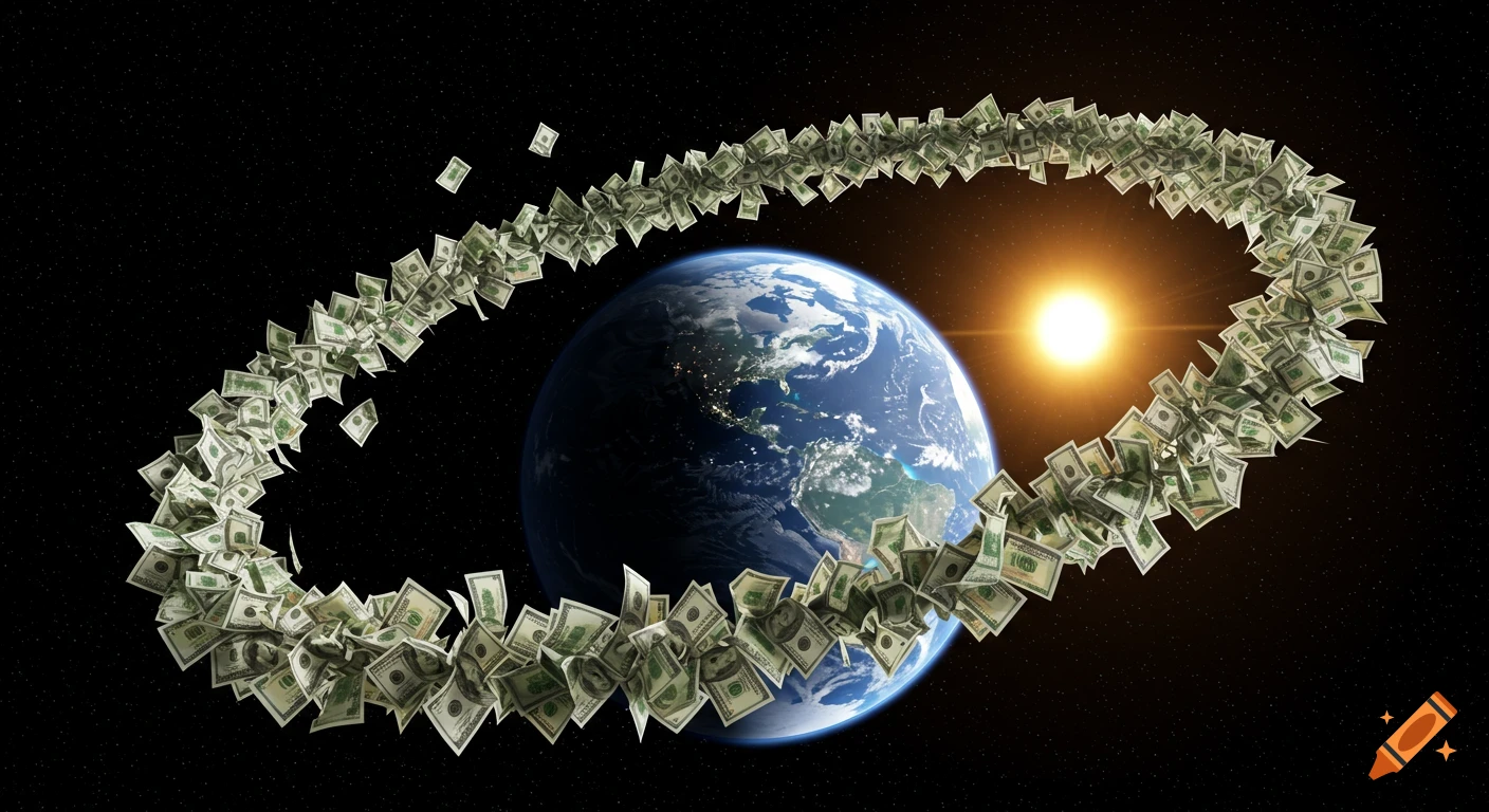 A ring of hundreds of 100 dollar bills orbiting the Earth with the sun shining brightly in the background, set against the dark expanse of space.