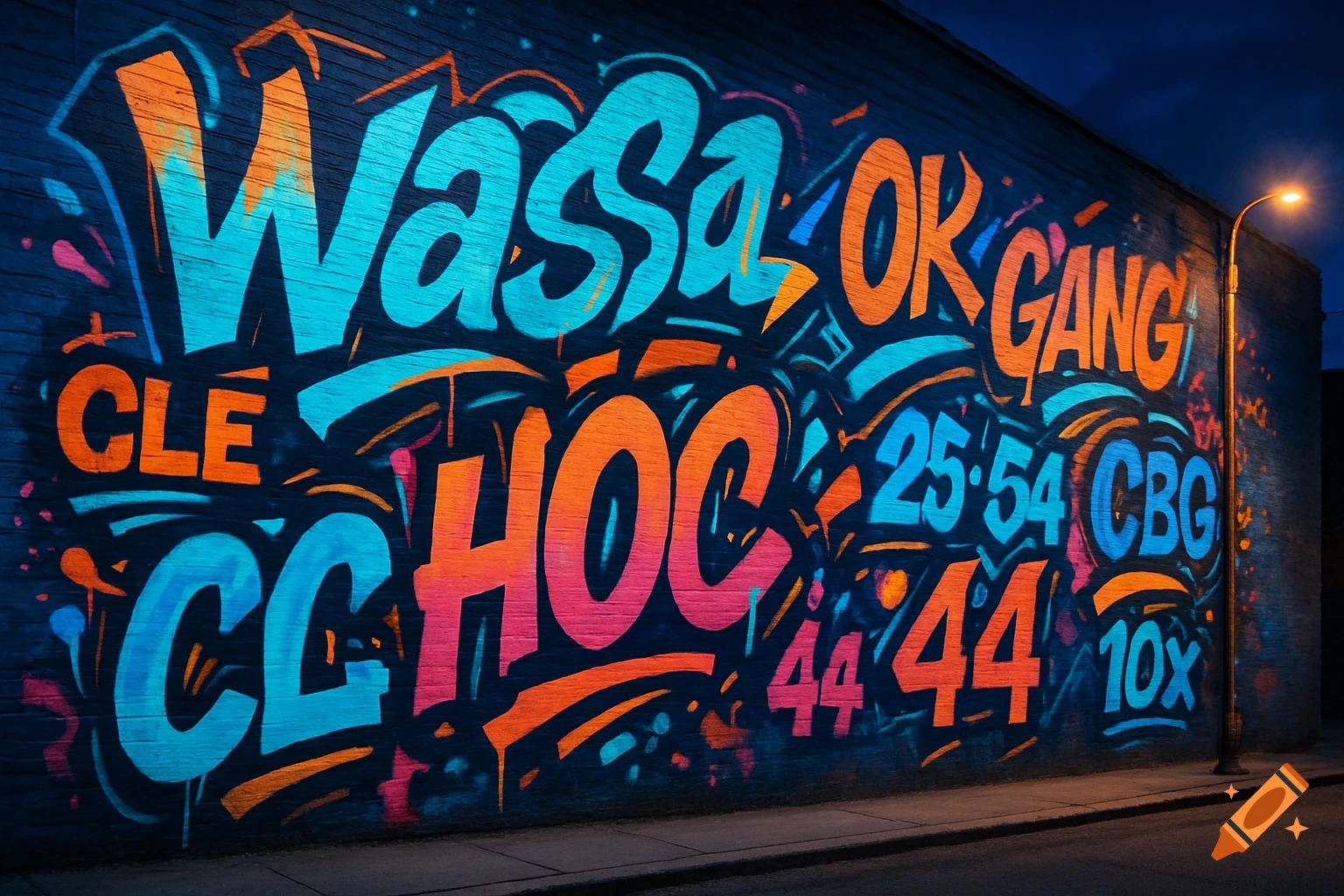 A vibrant graffiti mural in bright blue, orange, and pink colors covers a dark brick wall at night, illuminated by a street lamp.