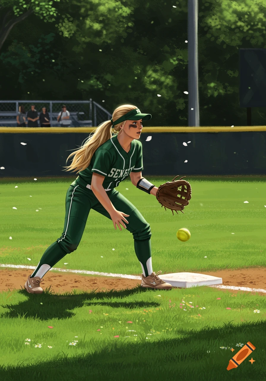 A blonde softball player in a hunter green uniform with a glove and ball on a field. Illustrated style.