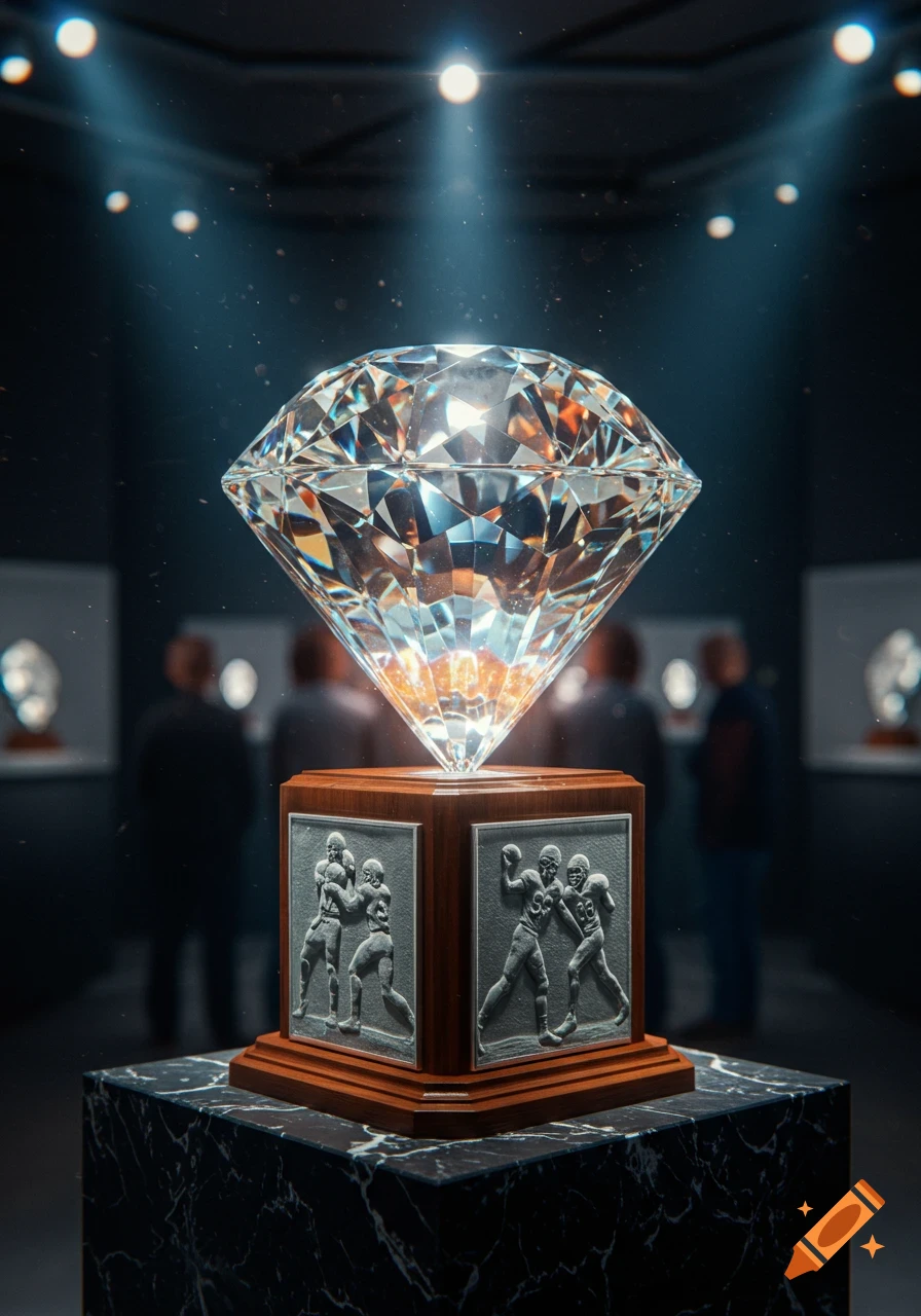 A large, sparkling diamond trophy with football player reliefs on a wooden base, displayed in a dimly lit gallery.