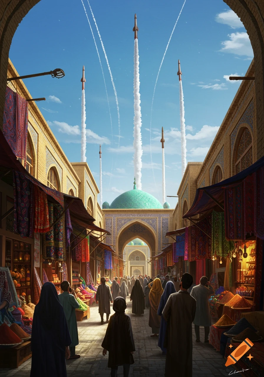 A bustling Middle Eastern market street with people and colorful stalls, leading to a mosque, as multiple rockets launch into the sky.
