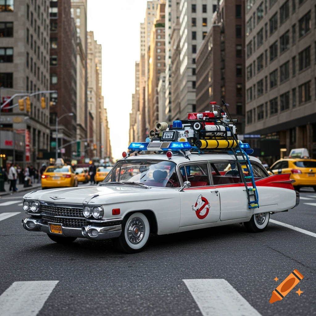 A white Cadillac Miller-Meteor Ecto-1 from Ghostbusters drives down a busy city street with tall buildings.