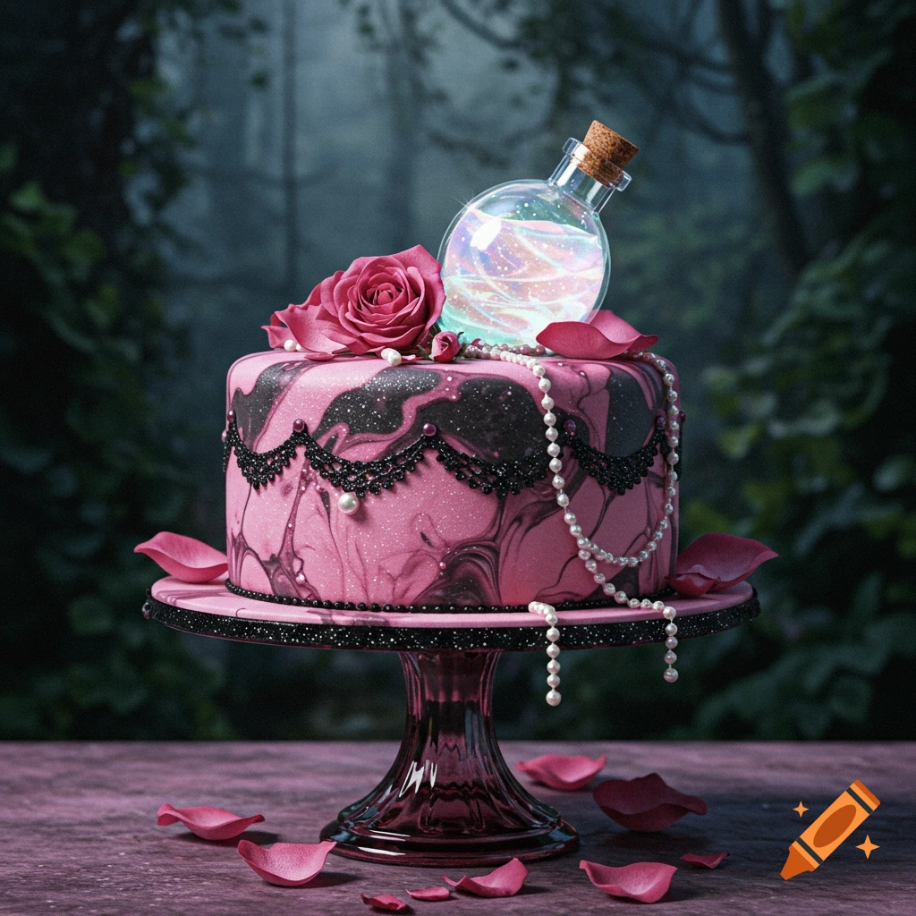 A pink and black marbled cake adorned with a glowing potion bottle, pink roses, and pearls, set against a dark, mystical forest background with scattered petals.