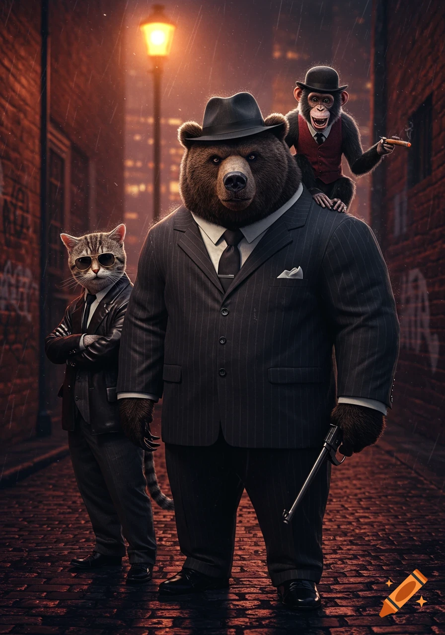 A photorealistic image of a bear, a cat, and a monkey dressed as gangsters in a dark, rainy alley.