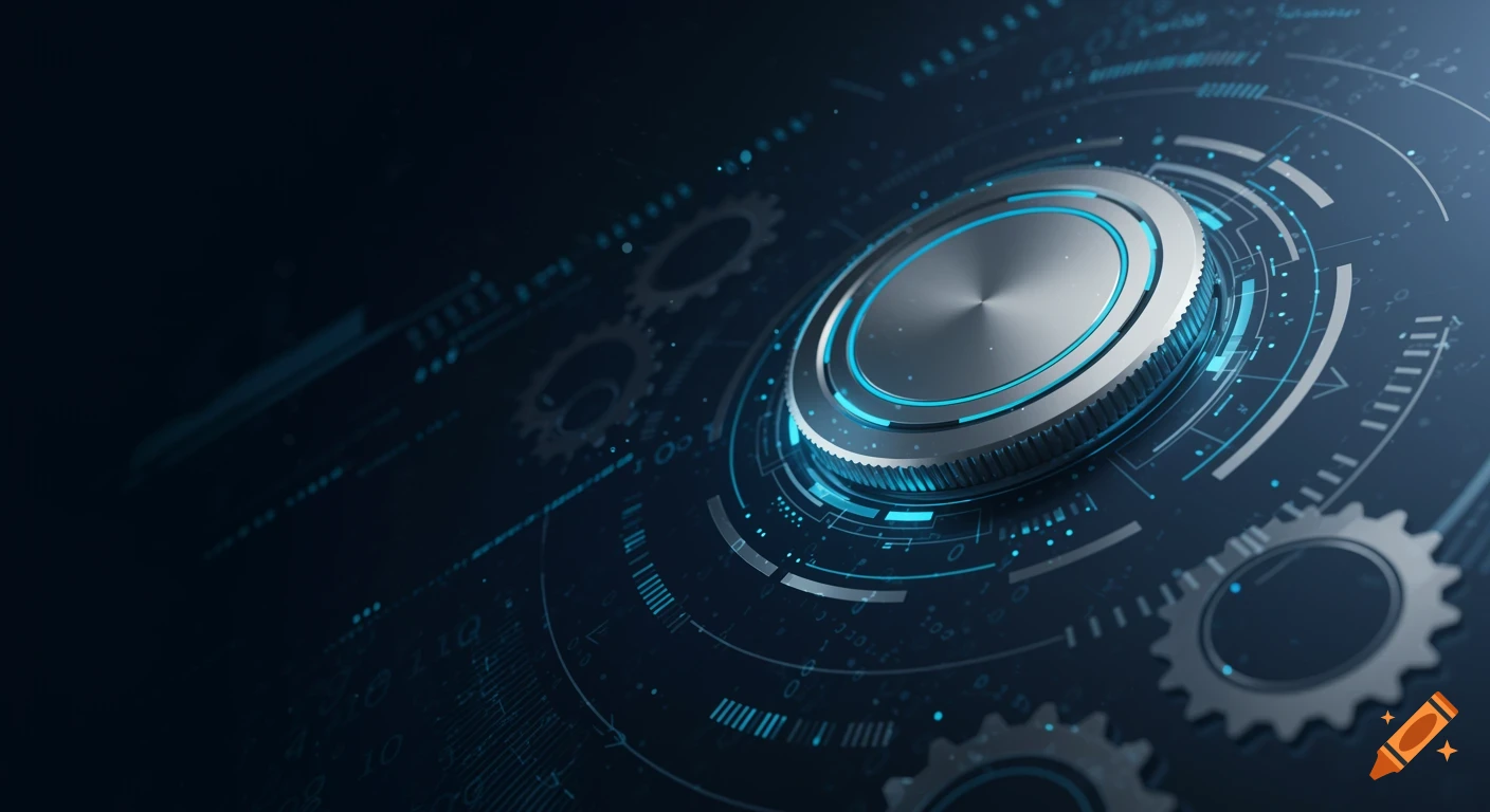 A metallic control dial with a glowing blue light ring, surrounded by abstract digital circuit patterns and faint gears on a dark blue background.