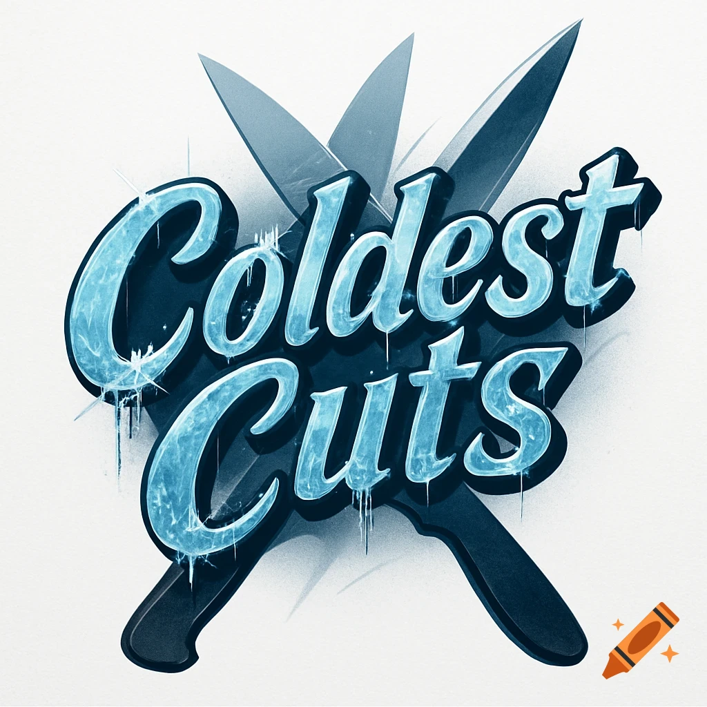 Logo for Coldest Cuts with icy blue text and stylized crossed knives behind.