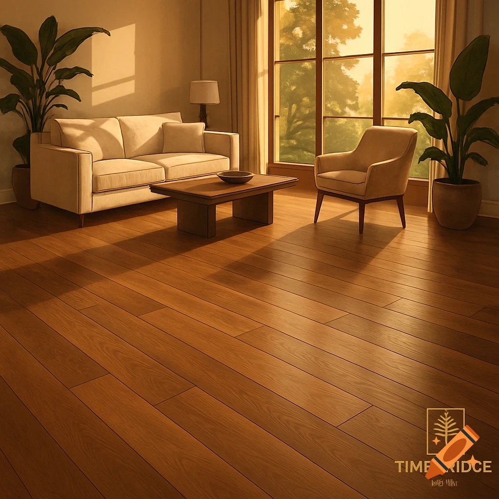 Sunlit living room with cream sofa, armchair, coffee table, and large plants on shiny wooden floors, with a Timberidge logo.