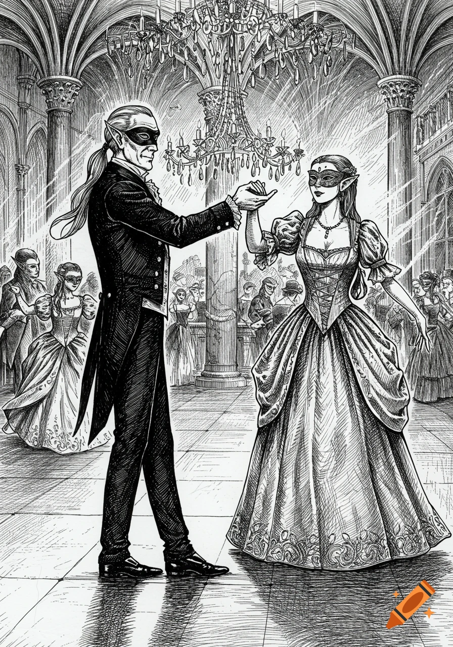Monochromatic etched linocut illustration of a masked elf couple dancing in a grand, ornate ballroom with a chandelier.