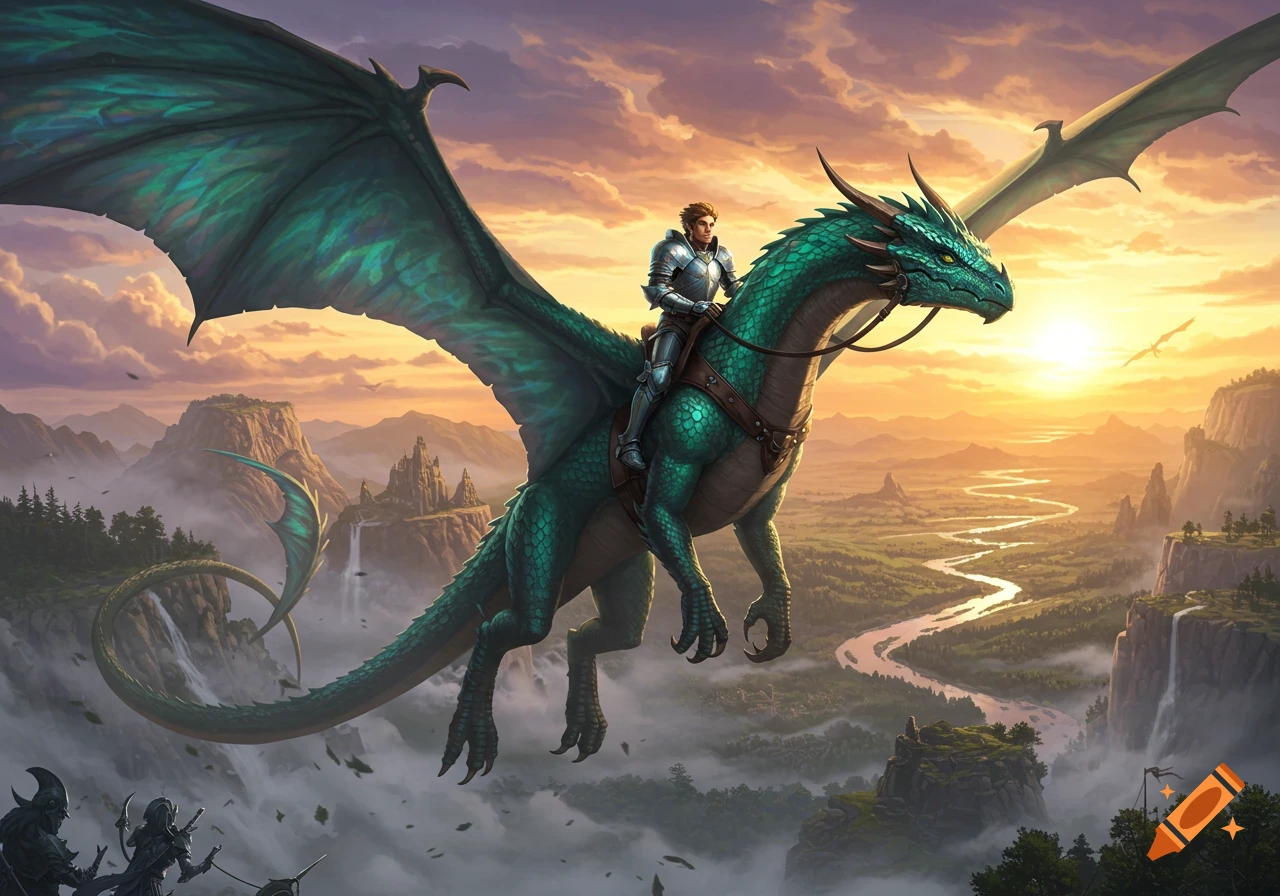 A knight in armor rides a large green dragon flying over a vast mountain valley at sunset.