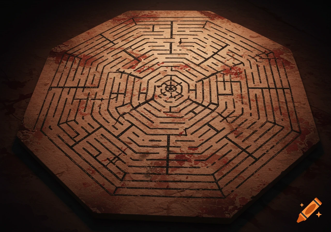 An octagonal maze map with black lines on a brown, blood-stained surface in a dark, atmospheric setting.