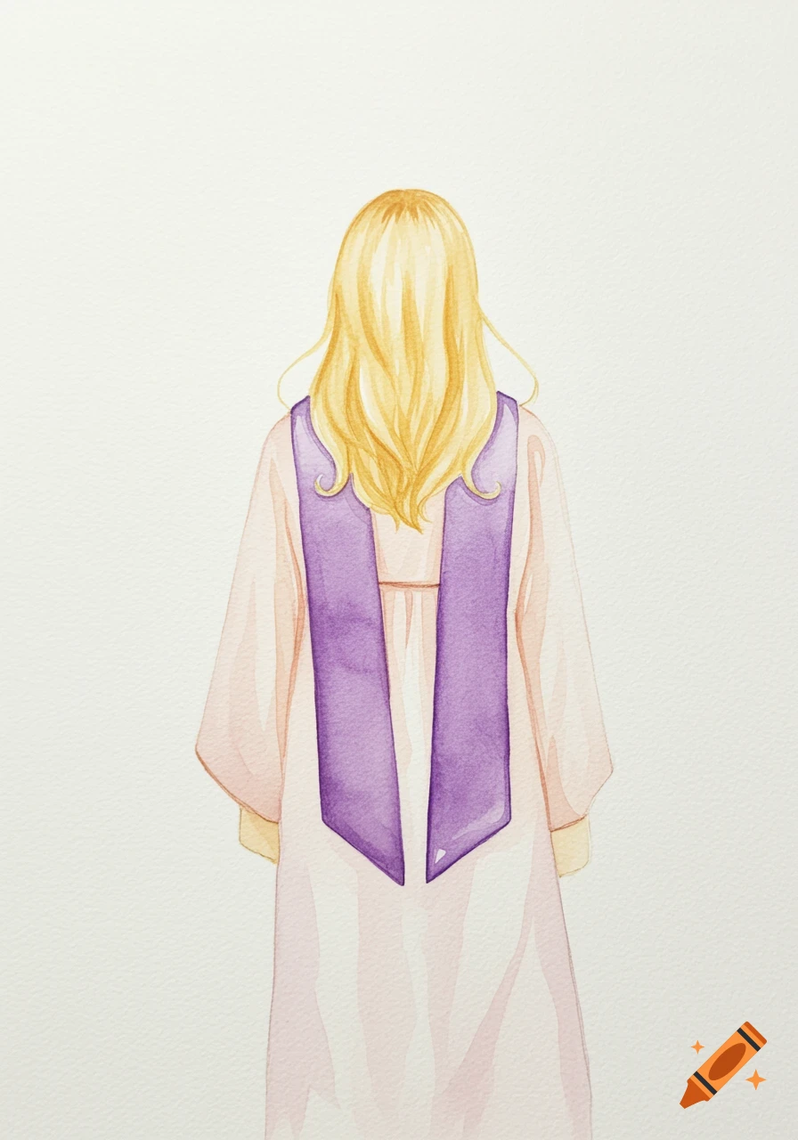 Watercolor painting from behind of a blonde person in a light robe with a purple graduation sash.
