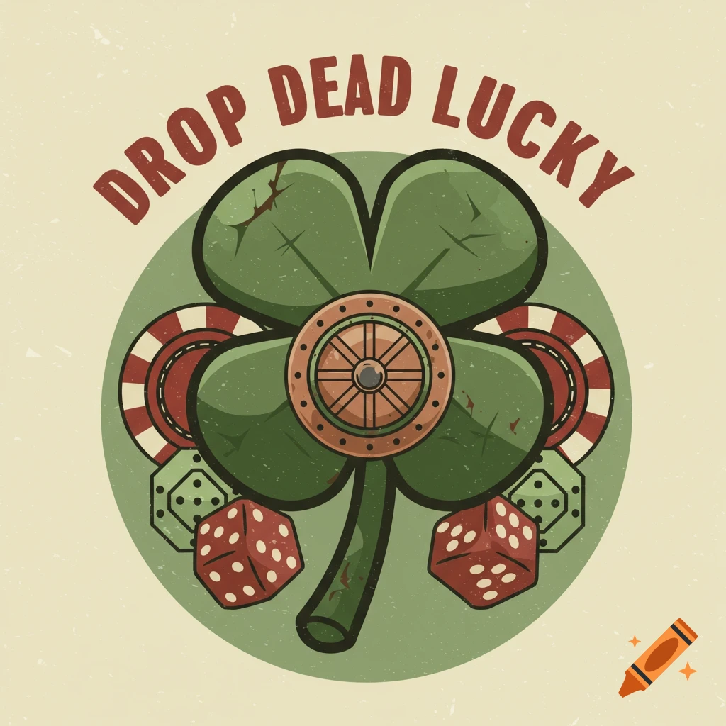 A vintage style illustration of a four-leaf clover with casino elements like poker chips, dice, and a roulette wheel, with the words 'DROP DEAD LUCKY' above.