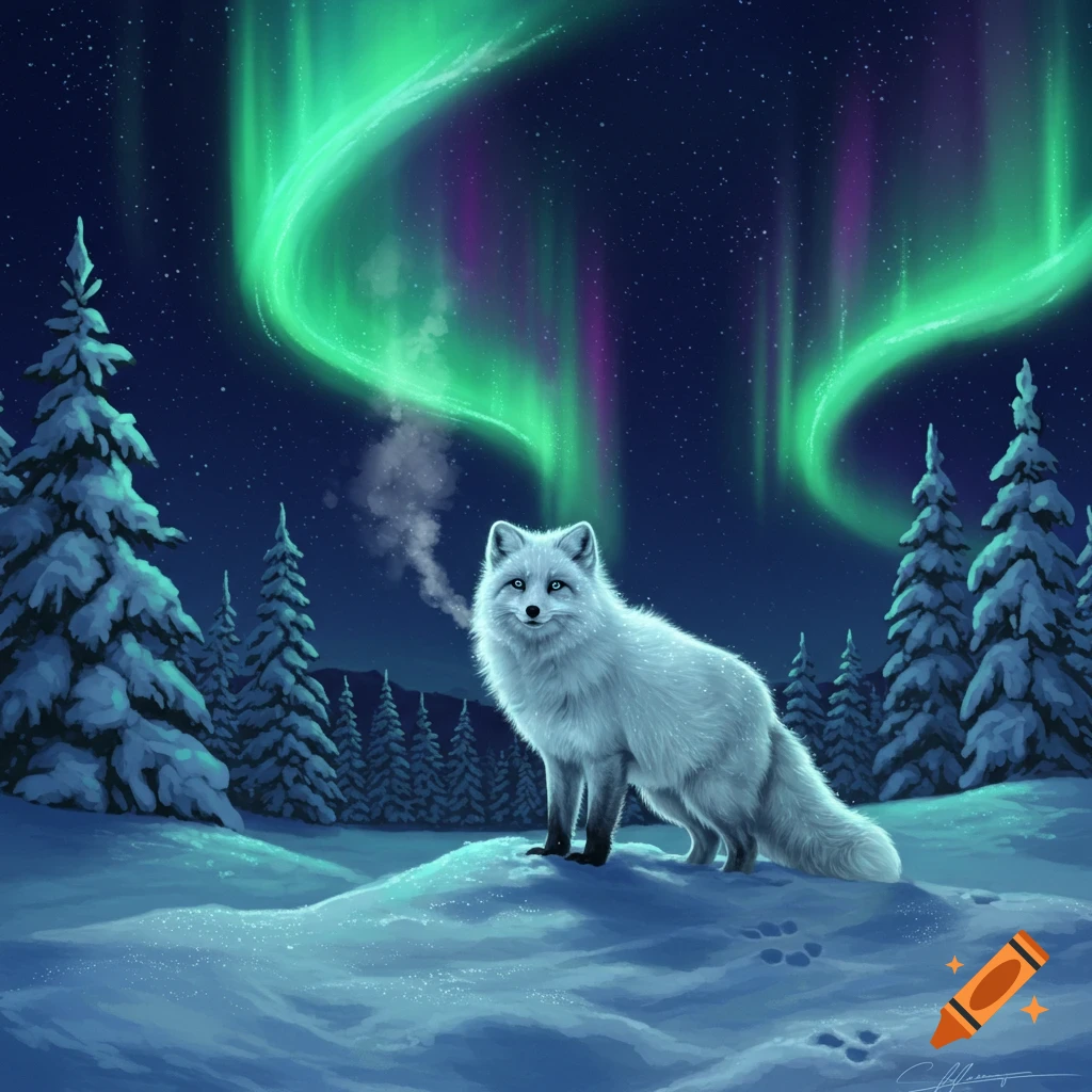 A white arctic fox stands in a snowy forest landscape under a night sky with a vibrant green aurora borealis.