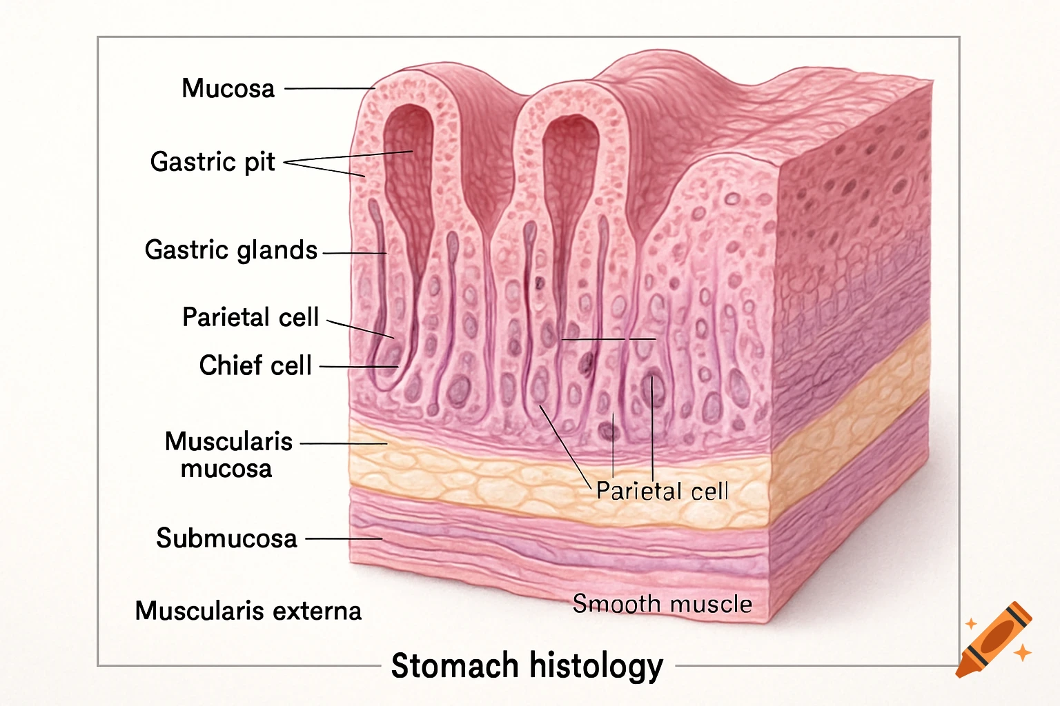 Detailed cross-section diagram of stomach histology showing layers like mucosa, submucosa, and muscularis externa, with cells like parietal and chief cells labeled.