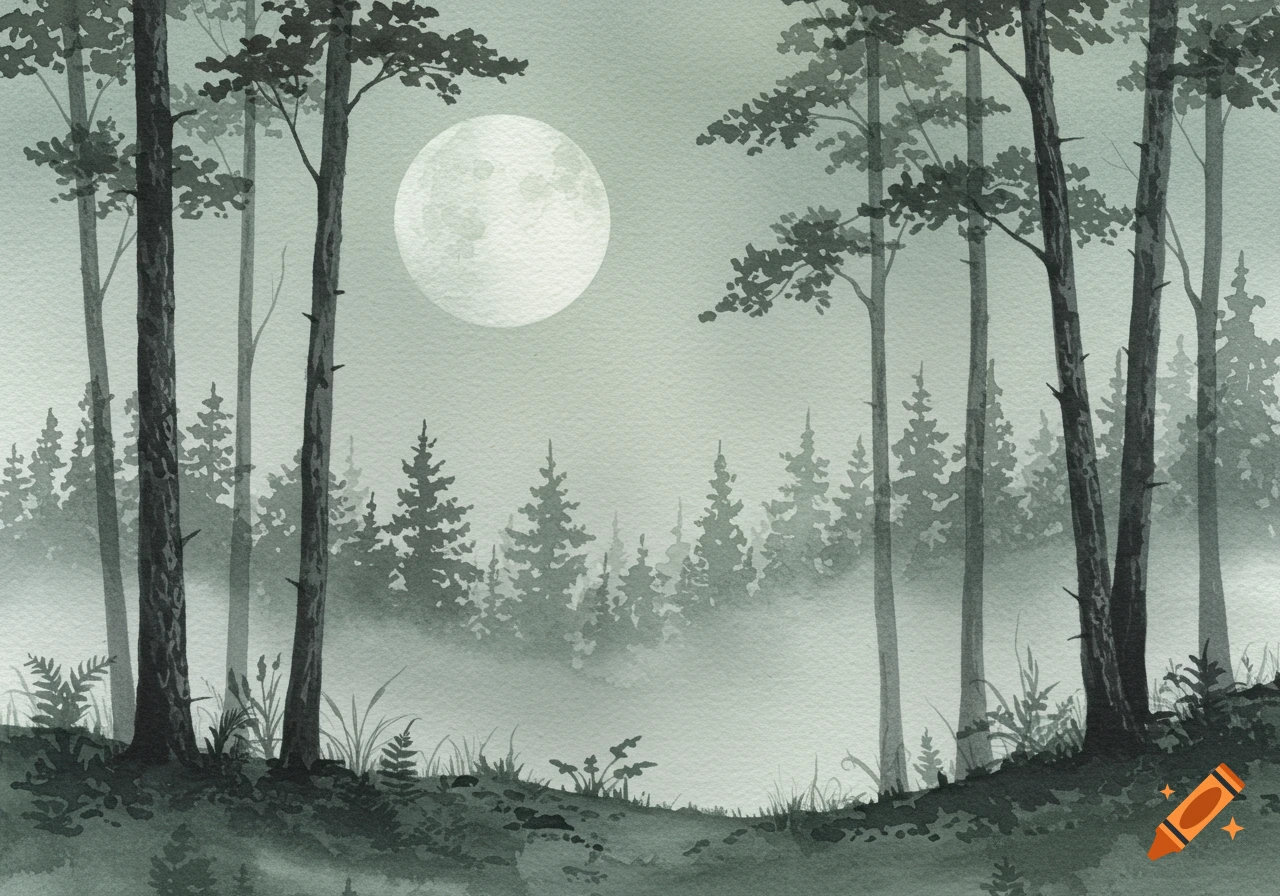 A gray-green watercolor painting of a pine forest shrouded in mist under a large full moon.