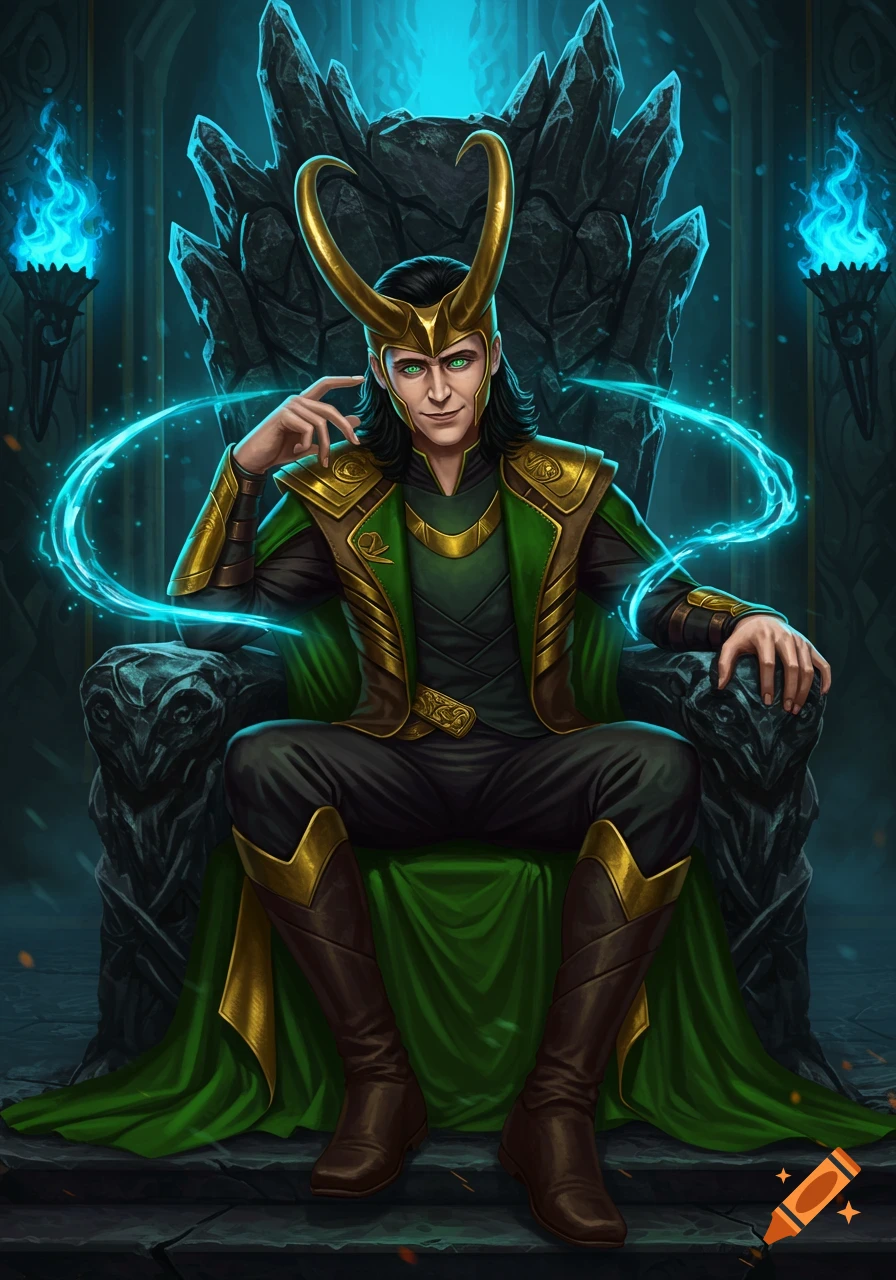 Loki in horned helmet and green-gold armor sits confidently on a jagged throne, surrounded by blue light and torches in a dark hall.