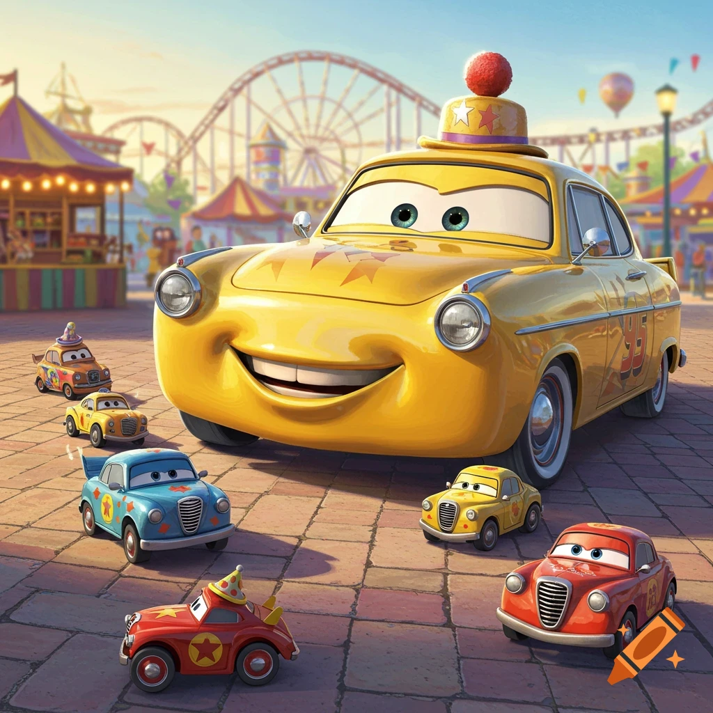 A yellow cartoon car with a party hat smiles in an amusement park, surrounded by smaller, colorful cartoon cars.
