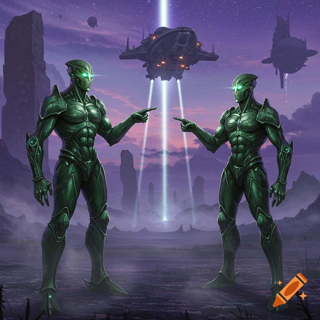 Two green, armored humanoid aliens point at each other on a purple alien landscape with spaceships in the sky.