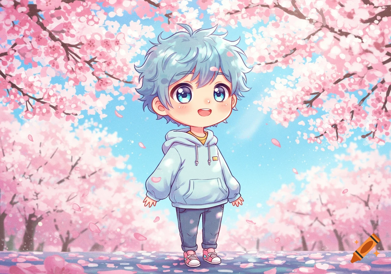 Cute chibi anime boy with light blue hair and big eyes, wearing a light blue hoodie, standing under pink cherry blossom trees.