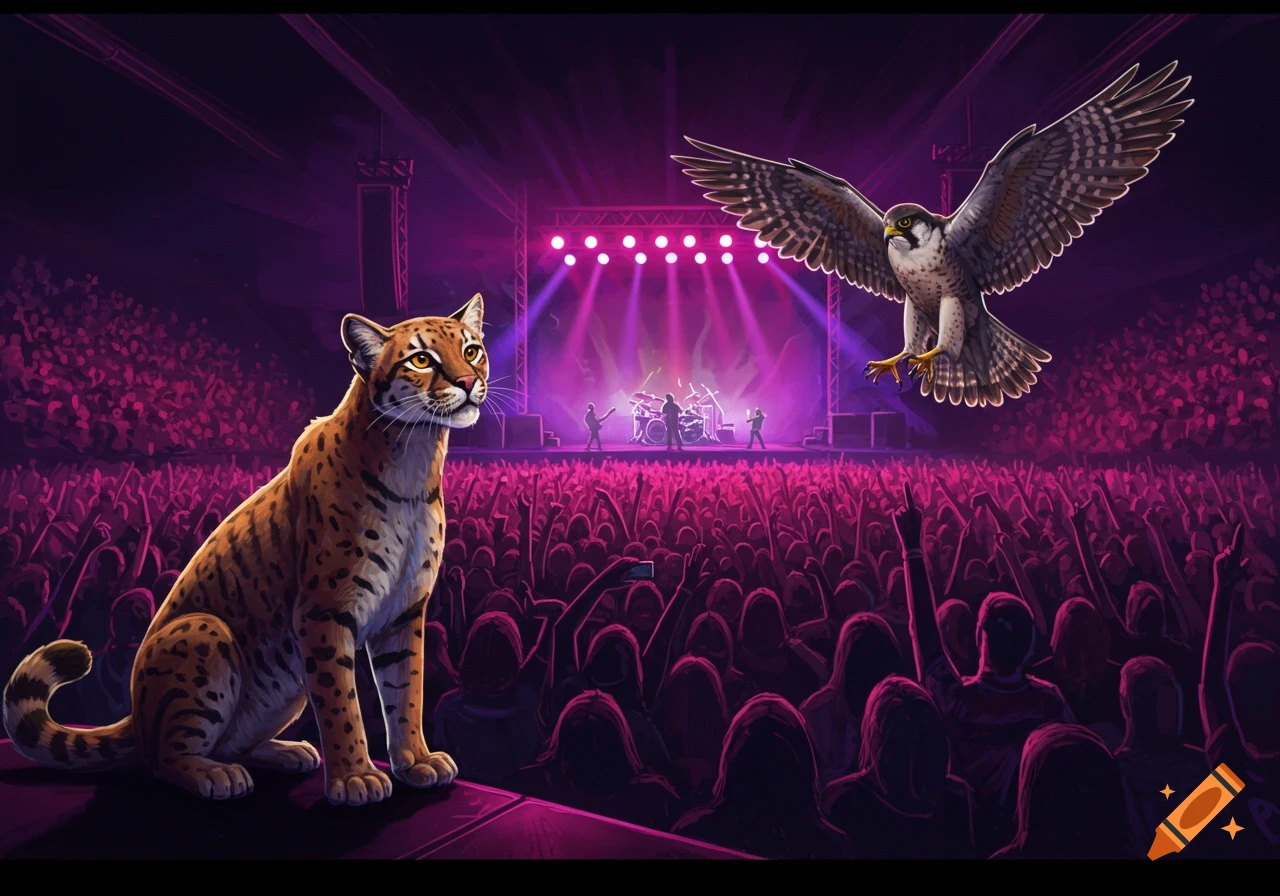An ocelot sitting on a stage and a falcon flying above a large crowd at a vibrant purple-lit rock concert.