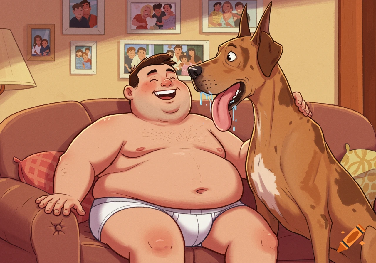 A cartoon illustration of a chubby man in white briefs sitting on a couch, laughing as a Great Dane licks his face.