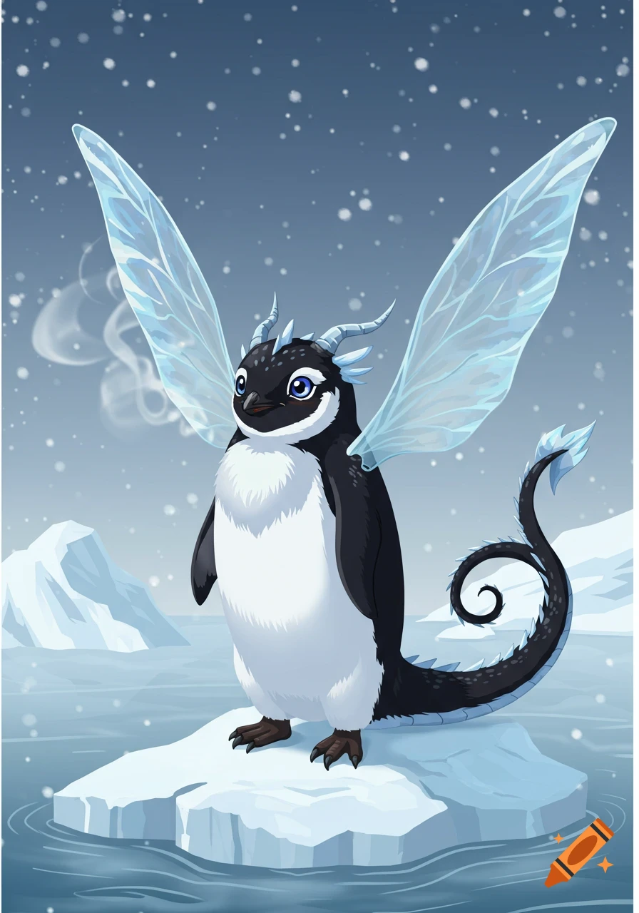 A cute cartoon penguin-dragon hybrid with icy wings and horns standing on an ice floe in a snowy landscape.