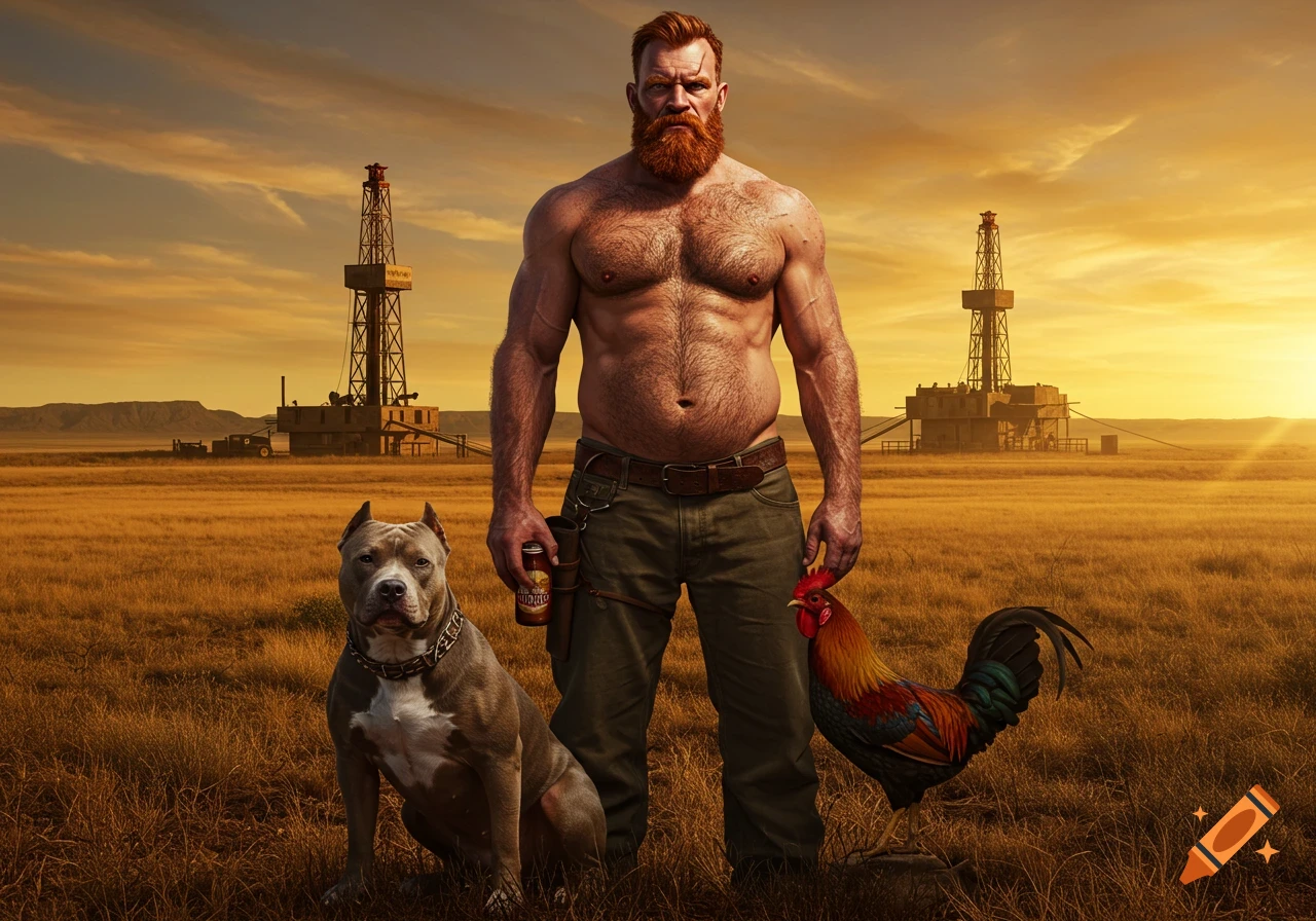 A shirtless muscular man with a red beard stands with a pitbull and a rooster in a grassy field, with oil rigs in the background at sunset.
