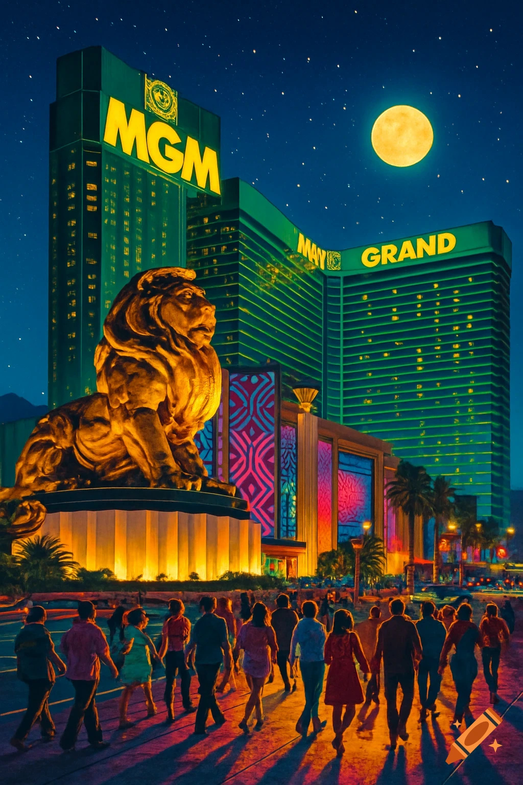 Vibrant night scene of the MGM Grand Hotel with a large golden lion statue and people walking on a lit street under a full moon.