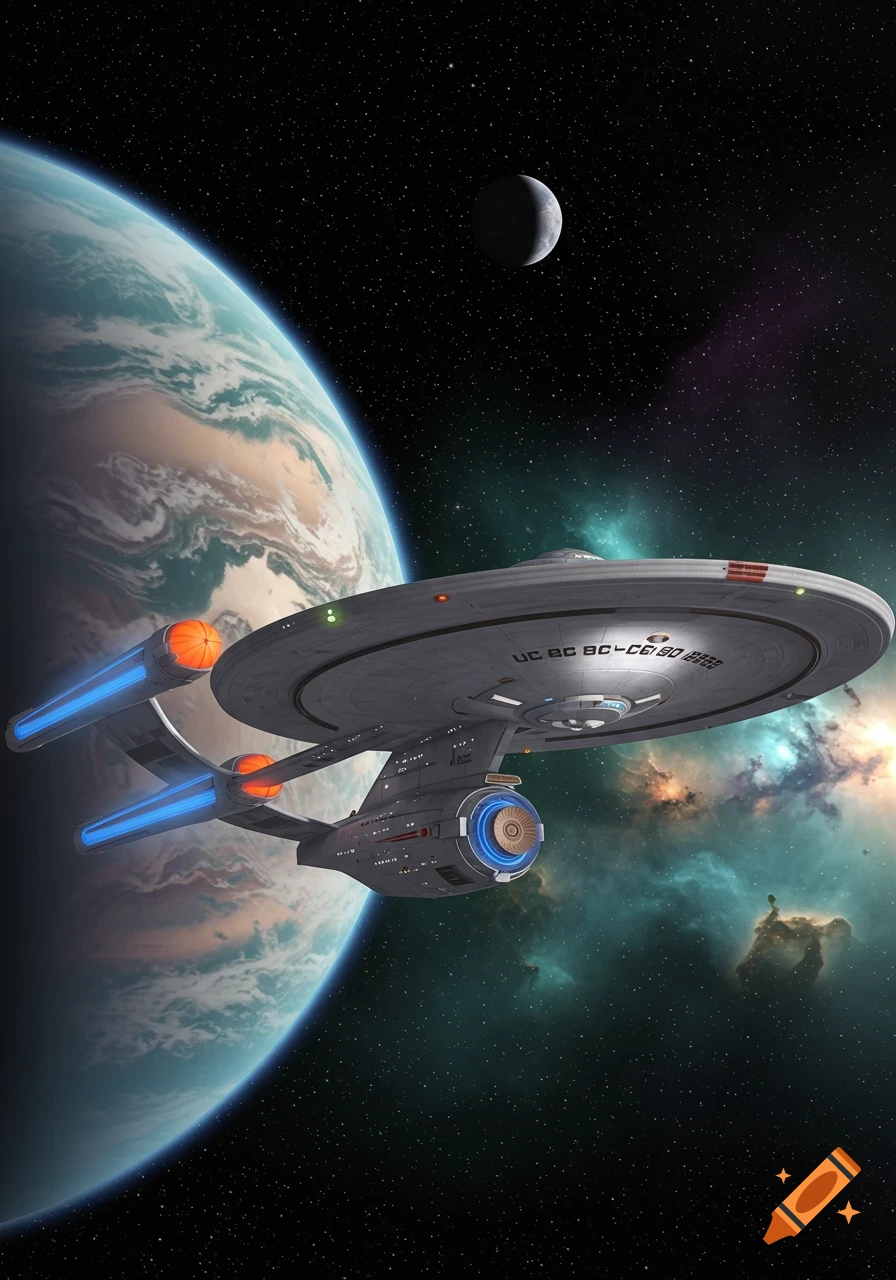 A Star Trek-style spaceship with blue engines flies through space, with a planet, moon, and nebula visible.
