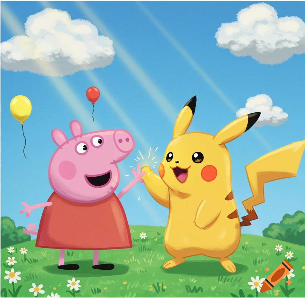 Peppa Pig and Pikachu high-five in a sunny, grassy field under a blue sky with clouds and balloons, in a cheerful cartoon style.