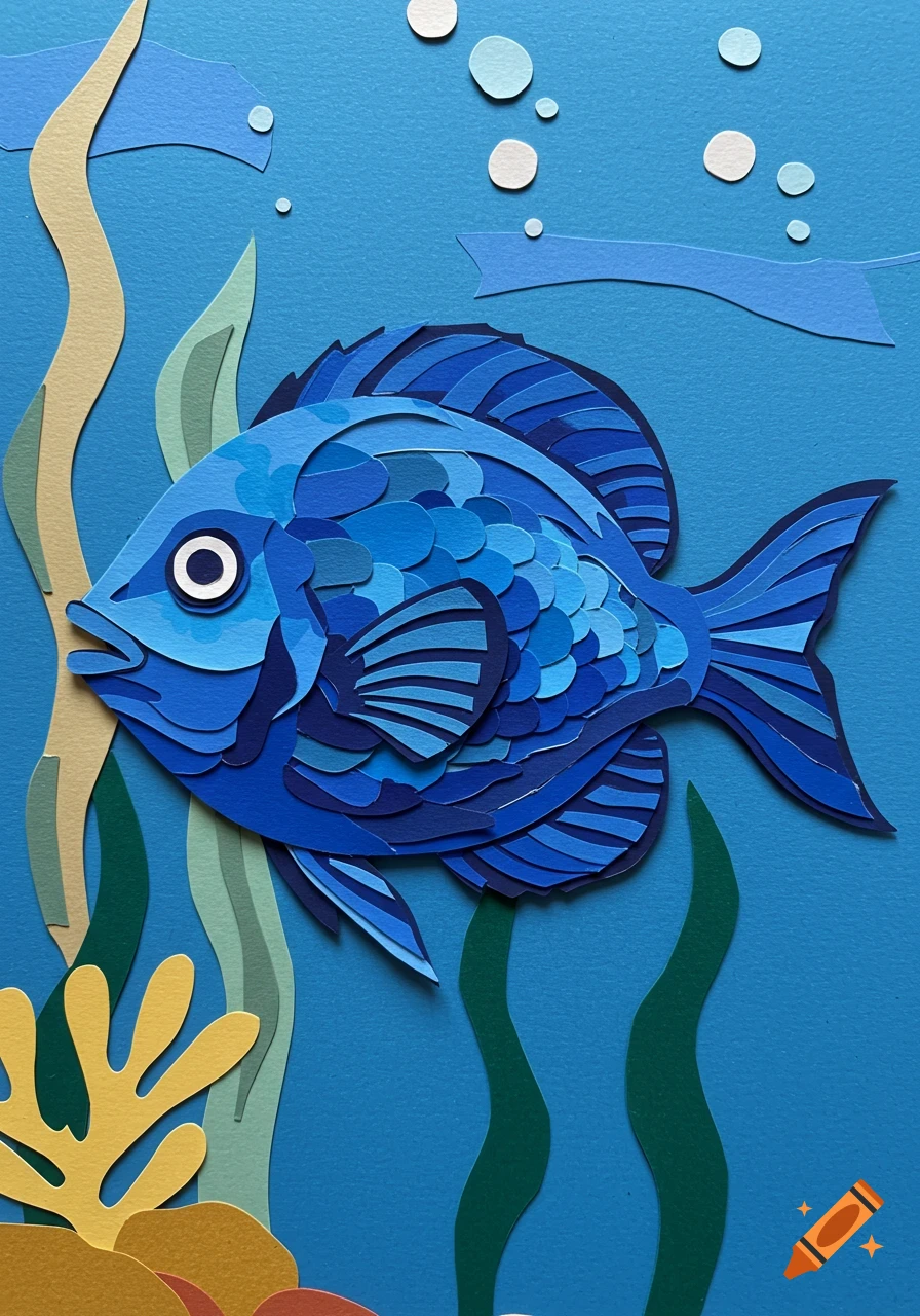 A vibrant blue fish crafted from layered paper cut-outs, swimming in an underwater scene with seaweed and bubbles.