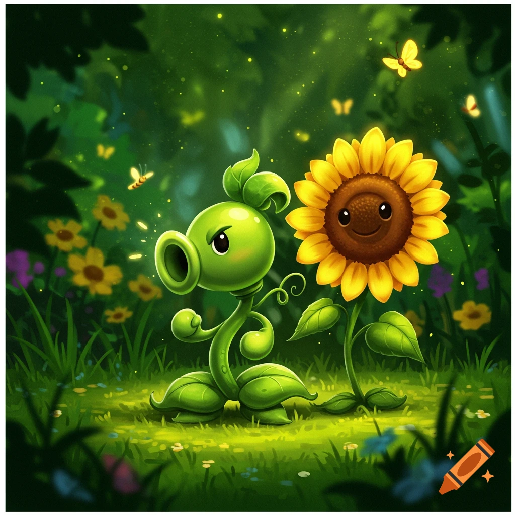 A cartoon green peashooter and a smiling yellow sunflower stand in a vibrant, glowing forest with butterflies.