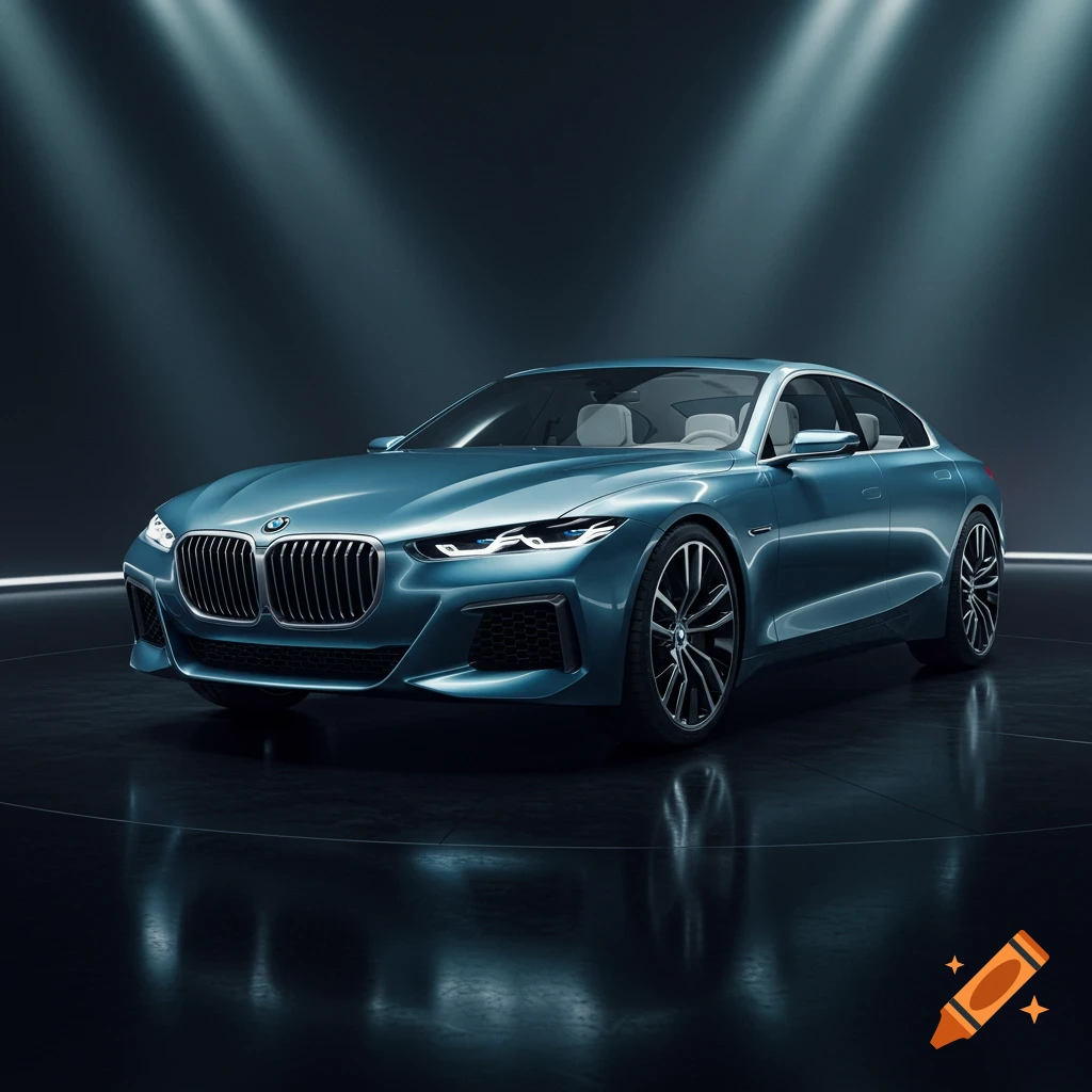 A sleek, blue BMW concept car is parked in a dark studio with spotlights from above.