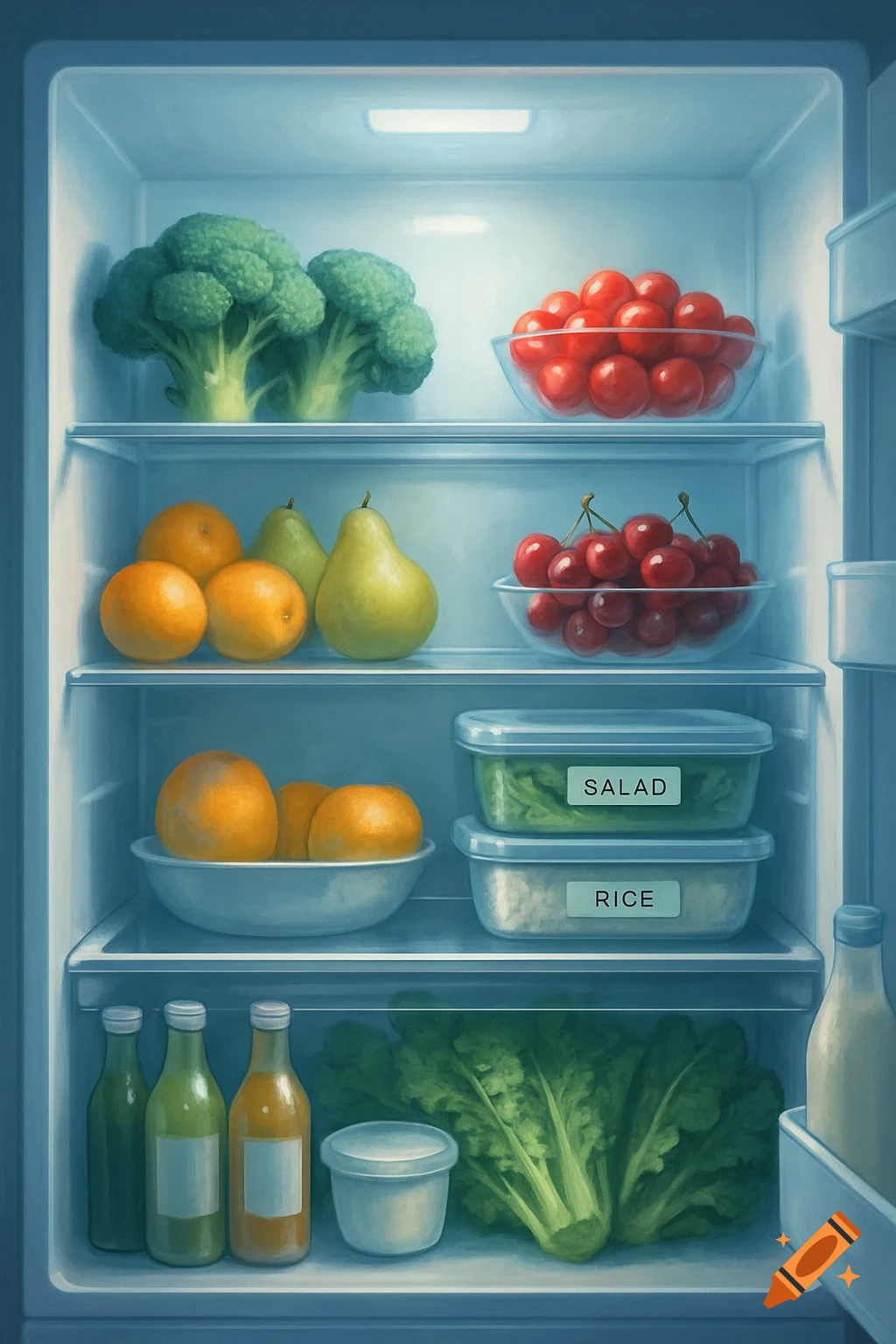 A well-stocked refrigerator with shelves full of fresh produce, bowls of fruit, and labeled containers.