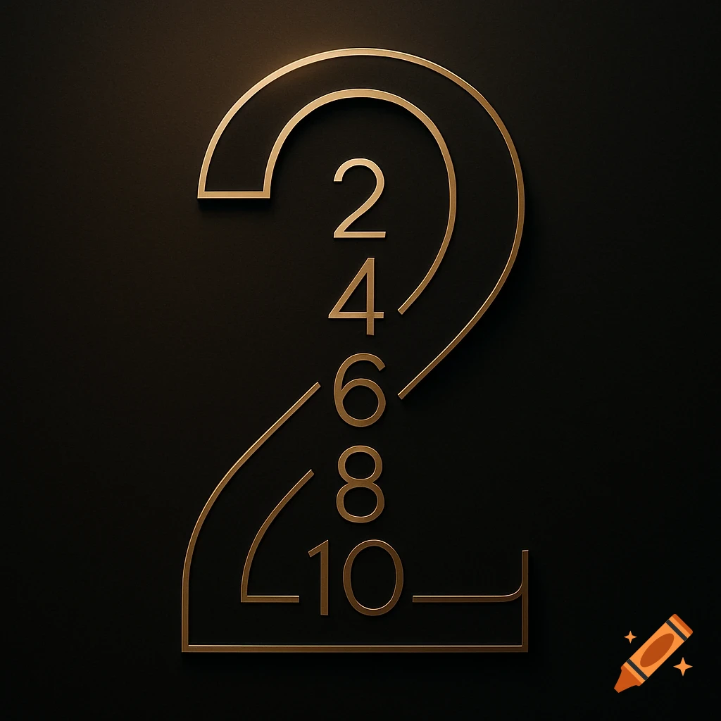 A large golden number 2 with smaller golden numbers 2, 4, 6, 8, 10 stacked vertically inside, on a dark background.