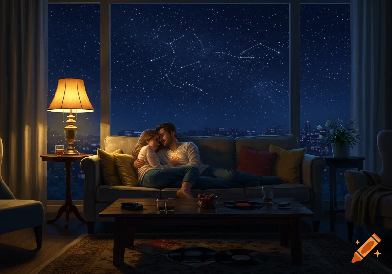 A couple cuddles on a couch by a window, gazing at a starry night sky with constellations.