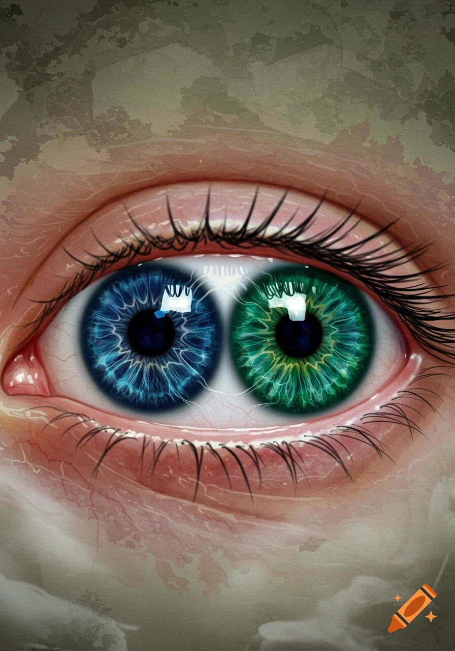 Detailed digital painting of a human eye with two pupils, one blue and one green, with detailed eyelashes and skin texture.